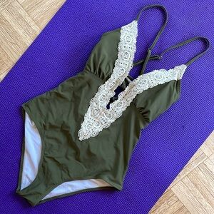 Boho hippie hipster bohemian gypsy Olive Green & Cream Lace One Piece Swimsuit